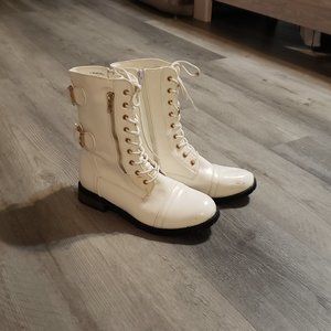 Sydney Combat, white side zipper, front lace, back buckles, combat ankle boots